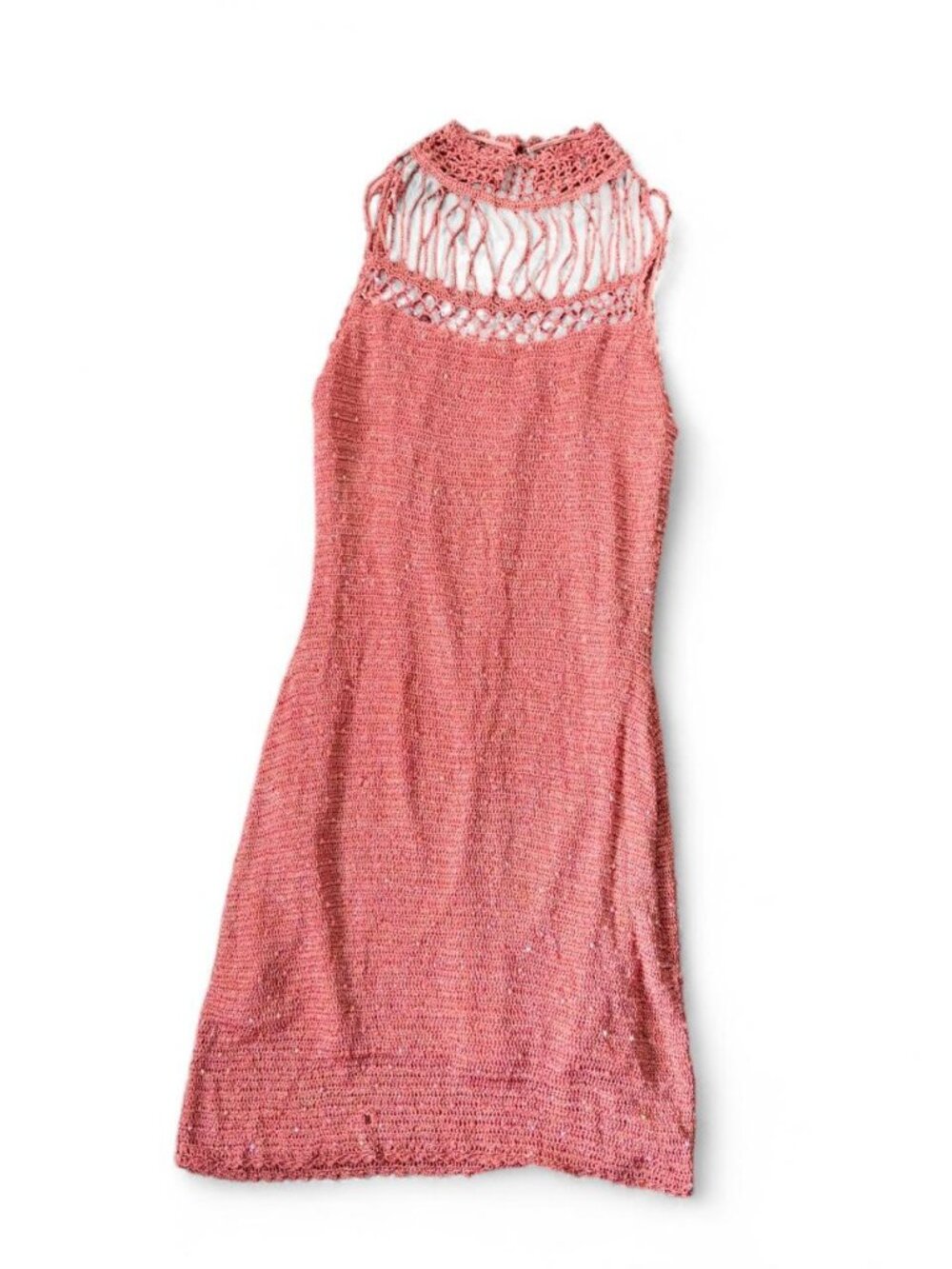 Pink crochet vintage y2k 90s dress with beads and high cage neck